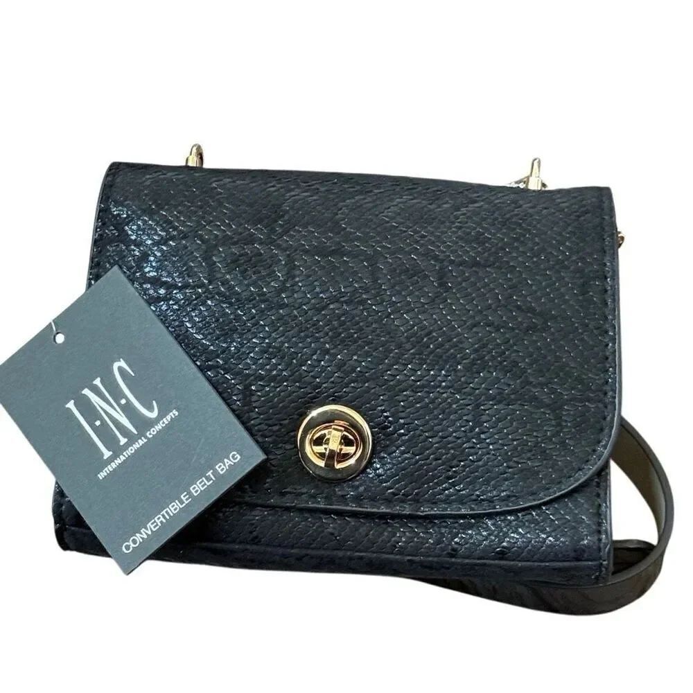 I.n.c. Snake Embossed Convertible Belt Bag Black Size Medium New